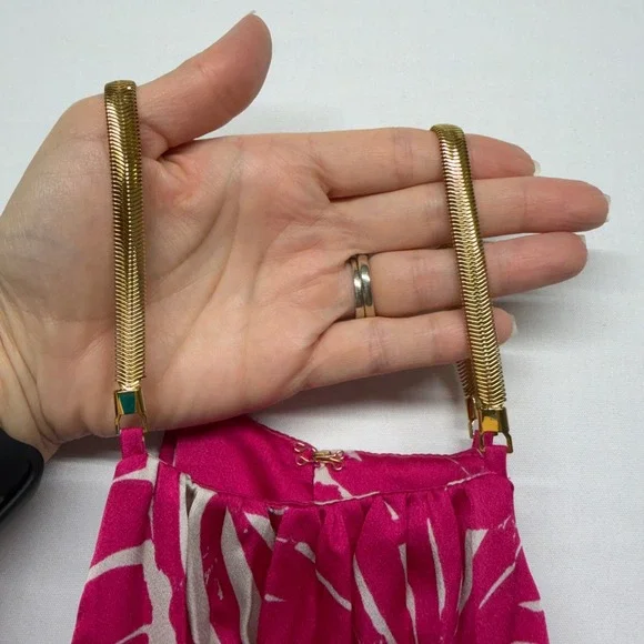 Trina Turk Pleated Halter Maxi Dress Pink Tropical Gold Strap M - Picture 5 of 12